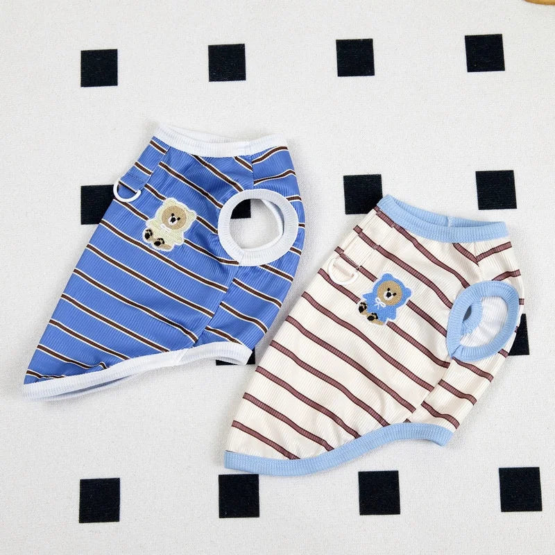 Fashion Striped Dog Vest Spring Dog Clothes Bear Print Puppy Shirt Cute Soft Cat Vest Thin Pet Pullovers Chihuahua Dog Costumes