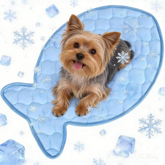 Fish Shaped Ice Silk Cooling Mat for Small Dogs & Cats, Machine Washable Summer Pet Pad, Fits Bed Sofa Floor Car Seat Crate