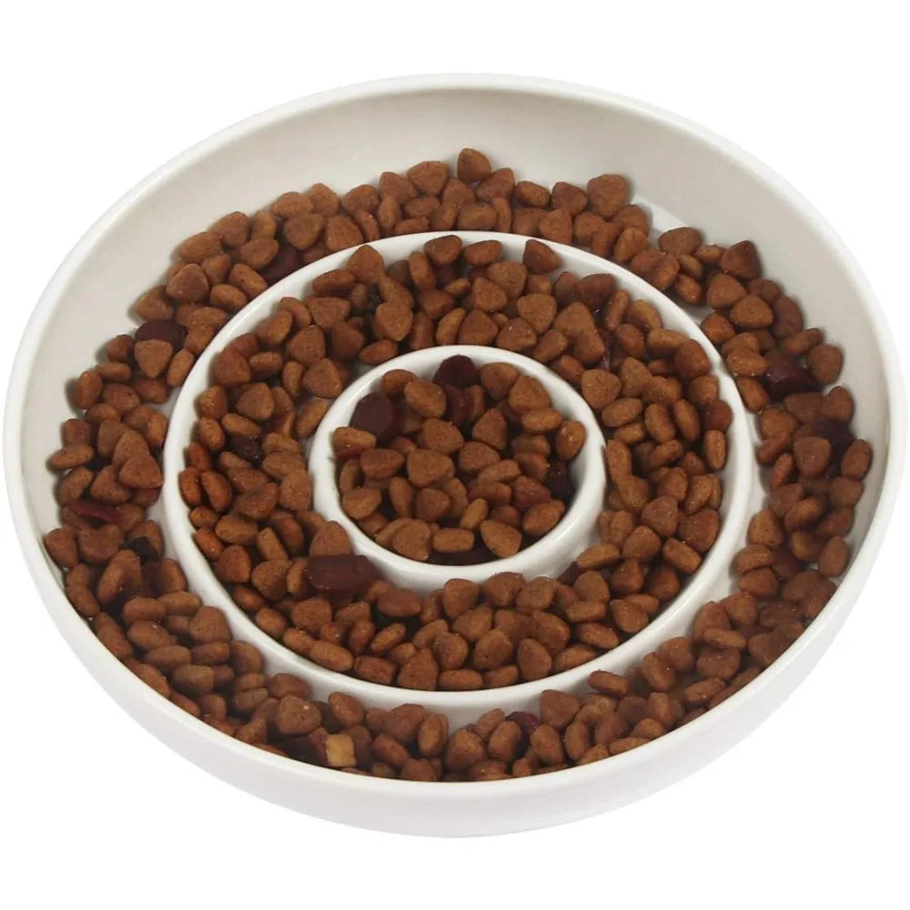 Ceramic Cat Slow Feeder Bowl Heavy Base Non-Slip Shallow Dish for Wet Food and Gravy Whisker Friendly Stress Free Mealtime Solution Anti Vomiting for Kittens Small Dogs and Pets Easy Clean Durable White Pet Food Dish