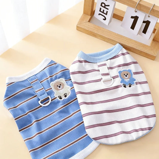 Fashion Striped Dog Vest Spring Dog Clothes Bear Print Puppy Shirt Cute Soft Cat Vest Thin Pet Pullovers Chihuahua Dog Costumes