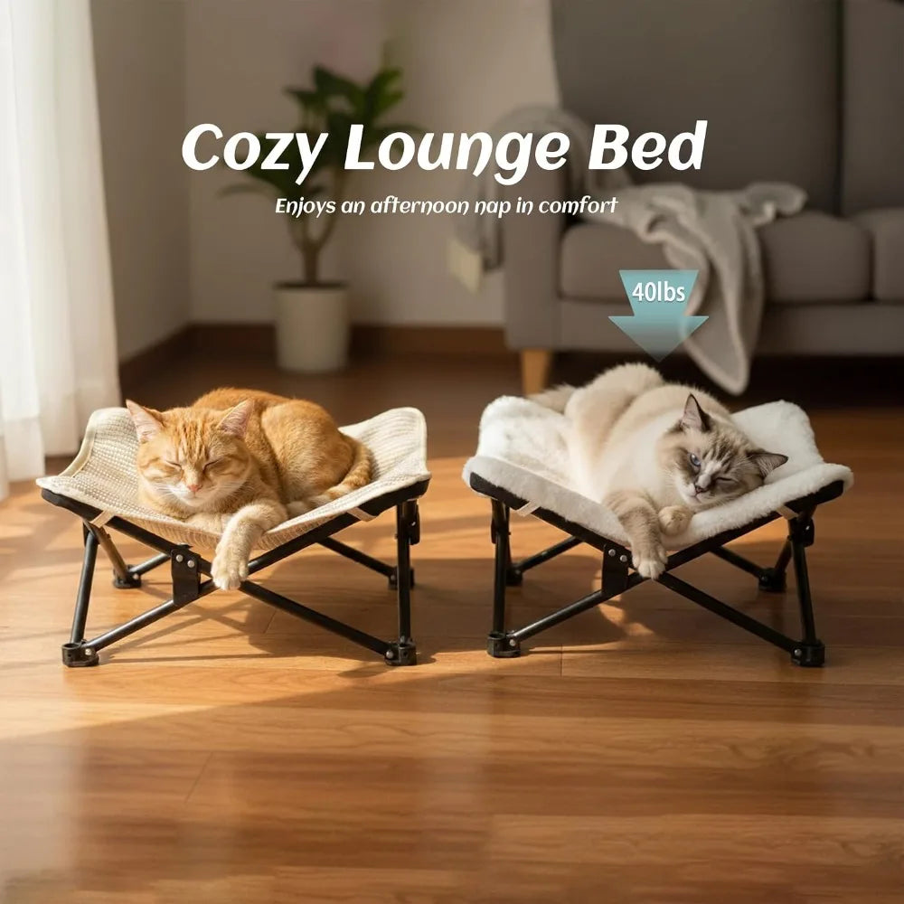 Foldable Cat Hammock Bed, Elevated Fluffy Lounge with Metal Frame, Raised Cat Chair for Indoor Cats