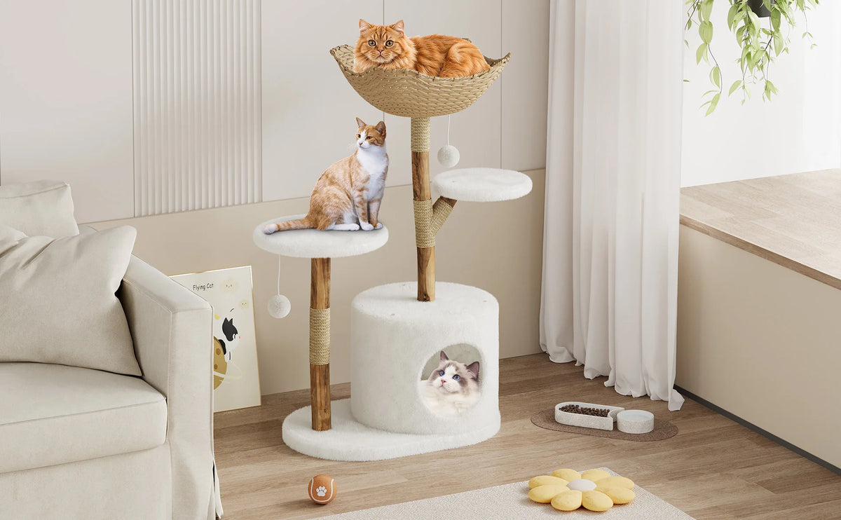 Modern Cat Tree, Multi-Level Cat Tower with Hand-Woven Basket, Plush Cat Condo, Sisal Scratching Posts, Dangling Balls for Indoor Cats