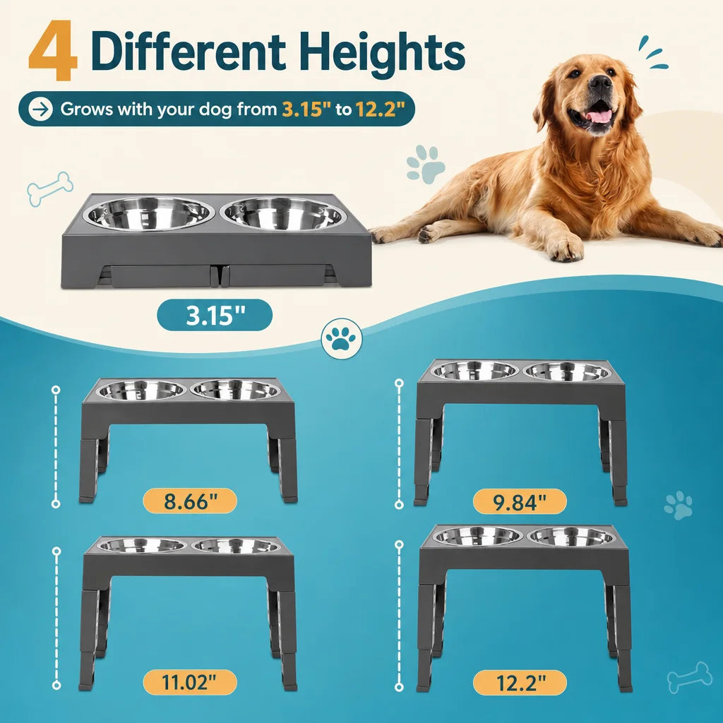 Elevated Dog Feeder Bowls Adjustable Raised Stand with Double Stainless Steel Food Water Bowls Small Medium Large Dogs
