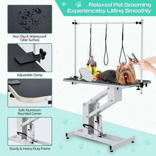 Garvee 43.3" Electric Pet Grooming Table 350 LBS Heavy Duty Dog Grooming Arm  for Large Dog Salon-Grade Pet Height Adjustable Grooming Station Slip Tabletop