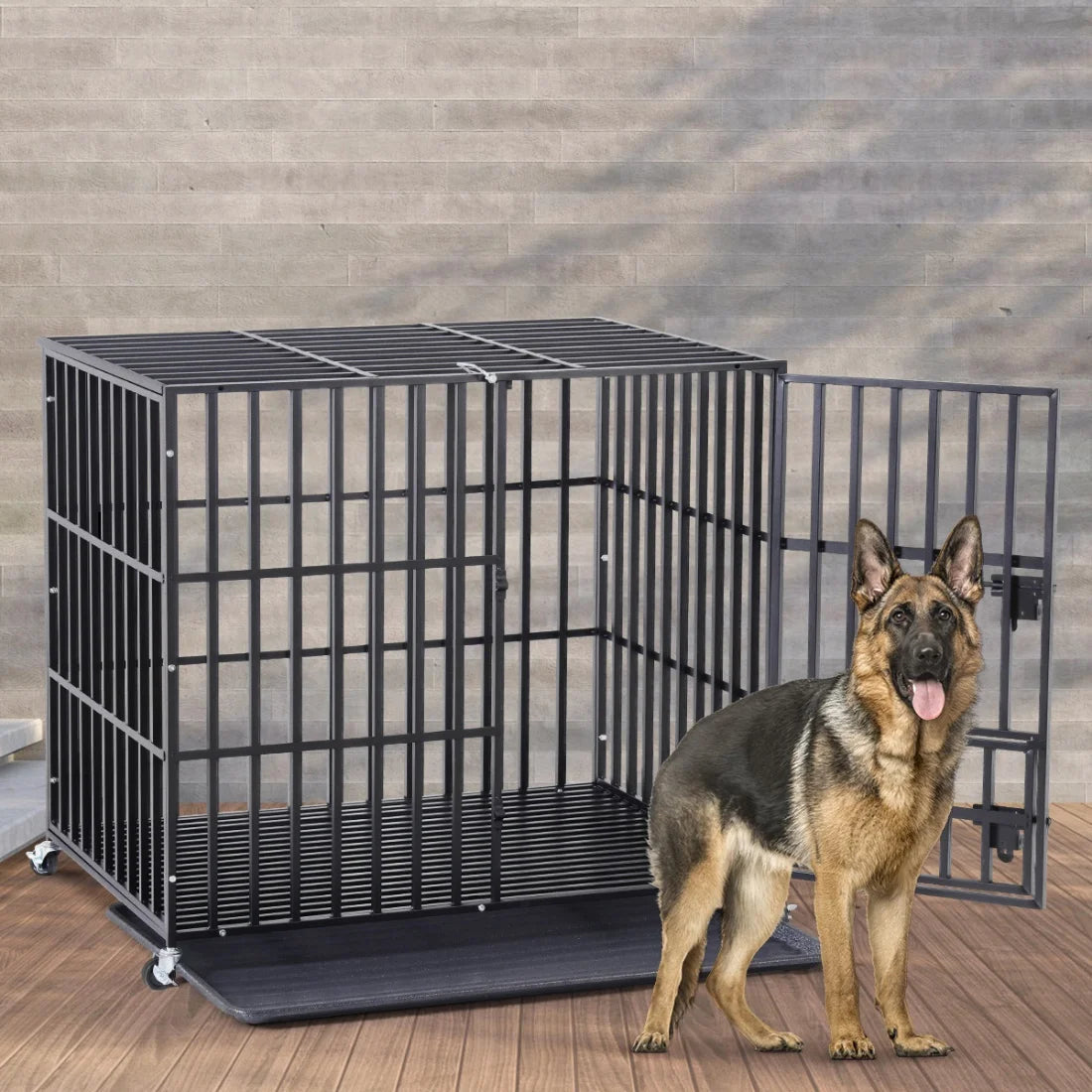 Heavy Duty Dog Cage 34 Inch Metal Pet Dog Crate with 3 Doors Lockable Wheels Playpen Kennel Removable Tray for Dogs