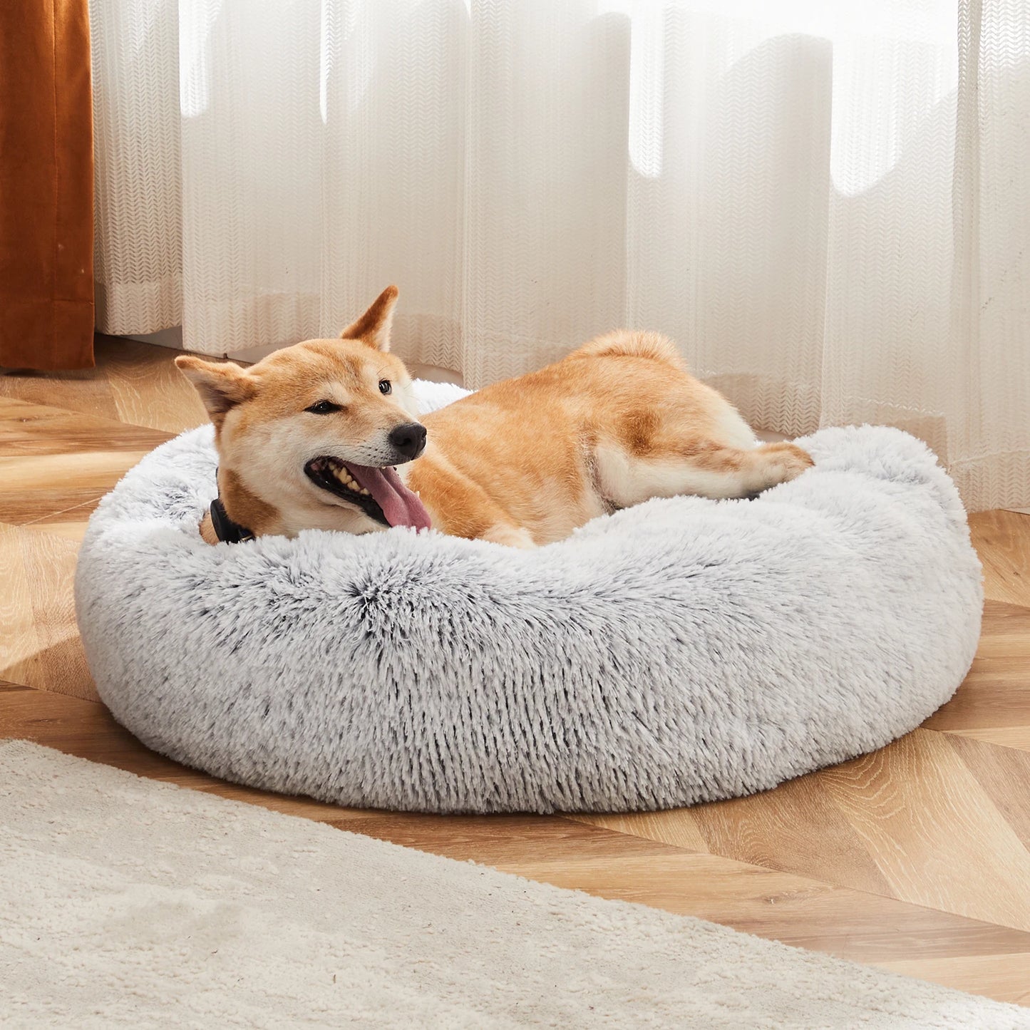 JHK Round Plush Faux Fur Calming Dog Bed for Medium to Large Dogs Washable Large Pet Bed Anti-Slip Fluffy Dog Bed For Home
