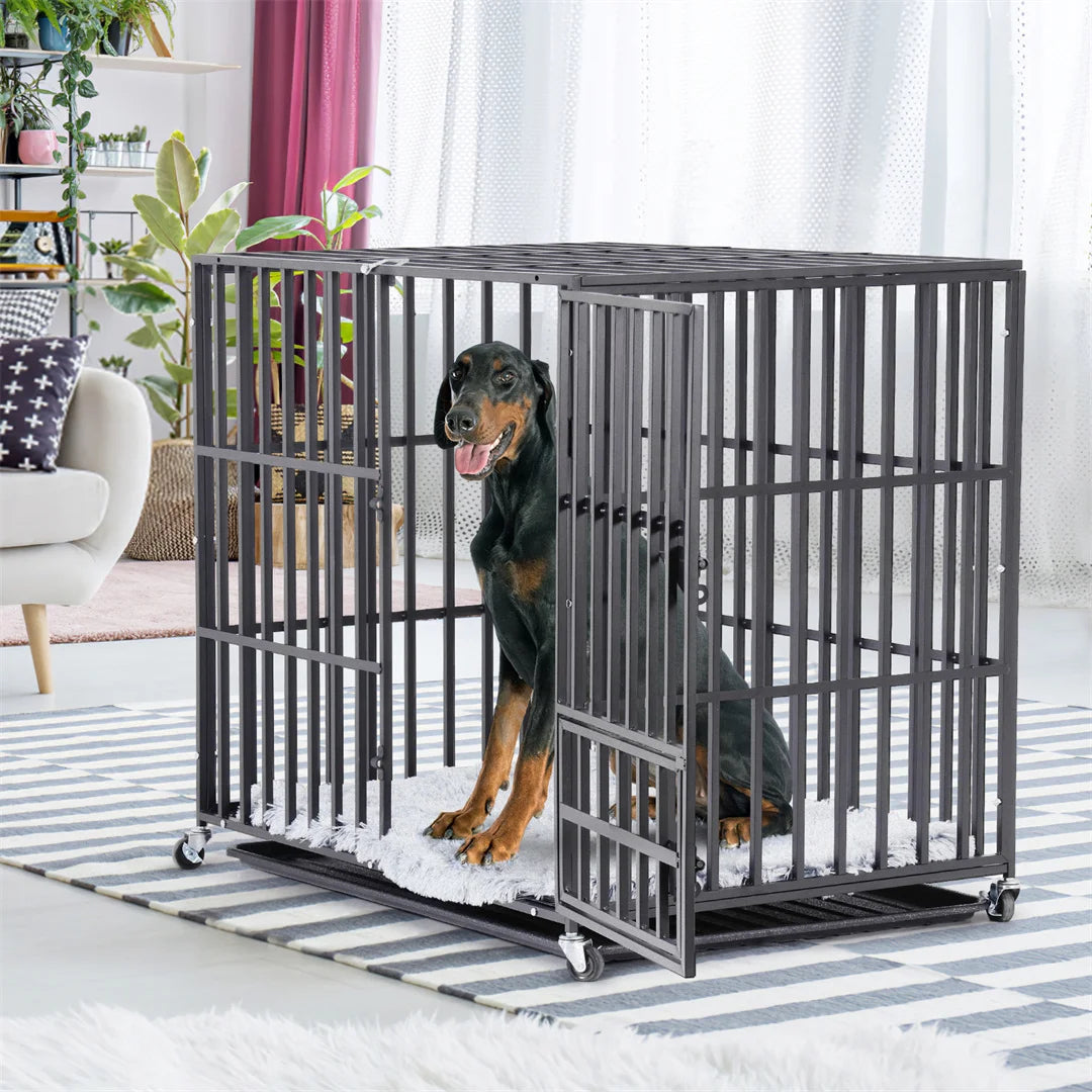 Heavy Duty Dog Cage 34 Inch Metal Pet Dog Crate with 3 Doors Lockable Wheels Playpen Kennel Removable Tray for Dogs