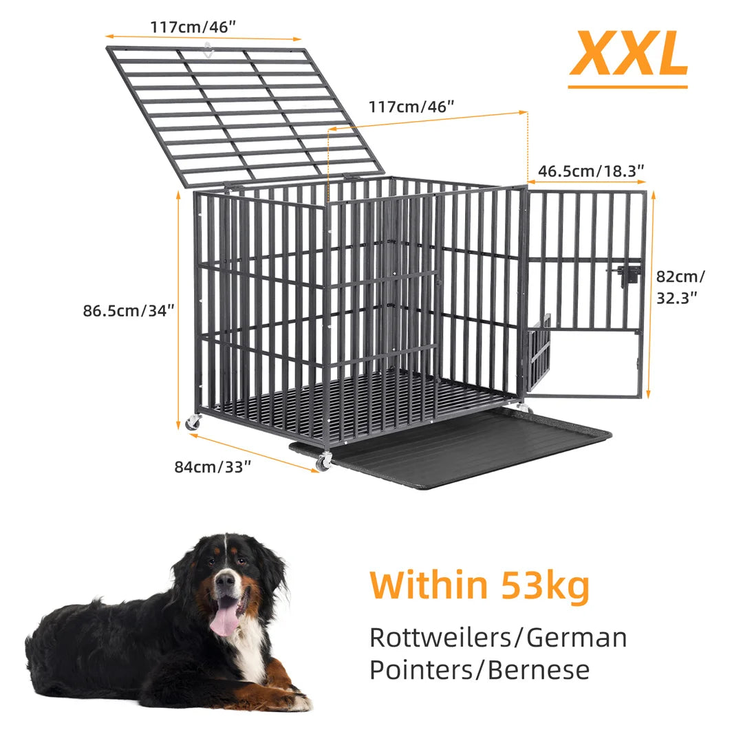 Heavy Duty Dog Cage 34 Inch Metal Pet Dog Crate with 3 Doors Lockable Wheels Playpen Kennel Removable Tray for Dogs