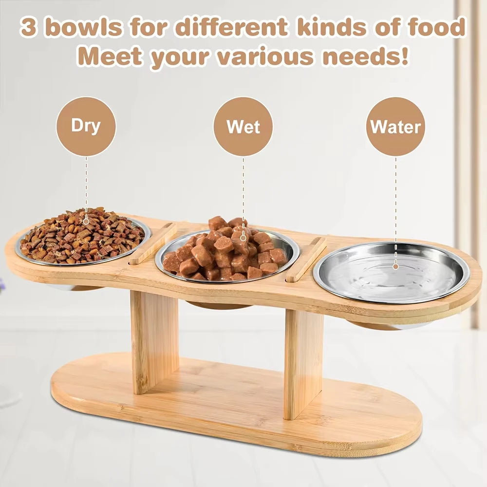 Cat 3 Bowls in 1 Raised Feeder with Silicone Food Mat 15-Degree Tilt Elevated Wood Stand 3 Stainless Steel Bowls Puppy Cat Feeding Watering Supplies