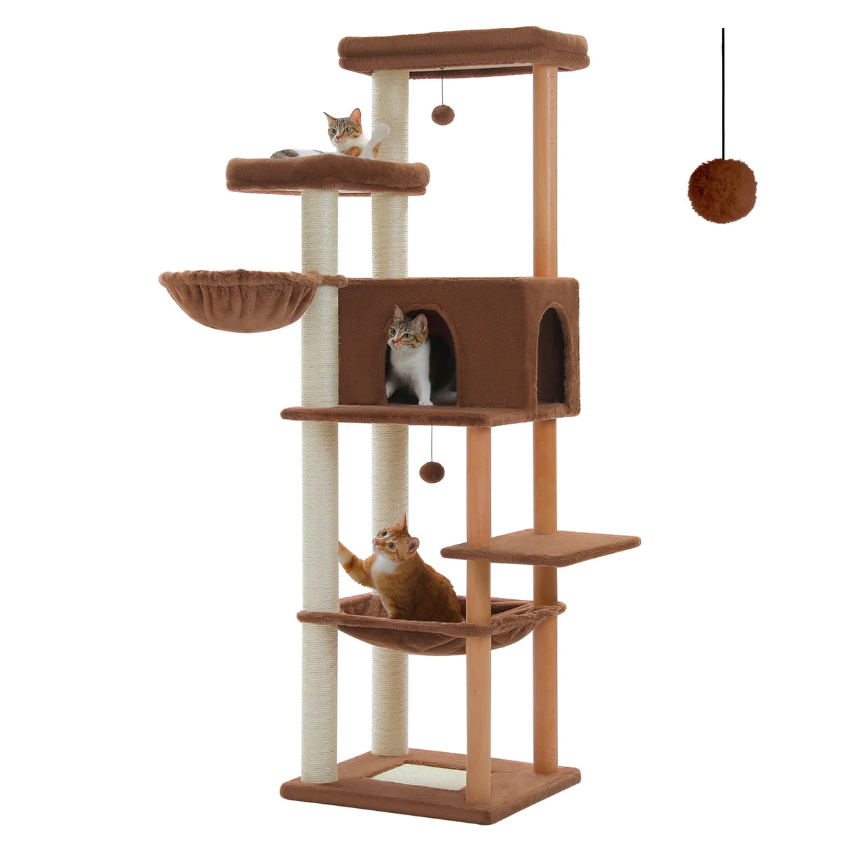 Multi-Level Cat Tree for Indoor Cats Tall Wooden Cat Tower with Sisal Scratching Post Spacious Hammocks Large Cat Condo Cat Toys