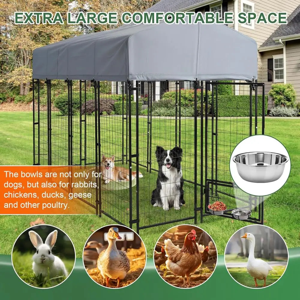 8x4x6 T Outdoor Dog Kennels or Large Dogs, Heavy Duty Welded Wire Steel Outside Dog Kennel with Roo, Dog Pens with 2 Rotating Do