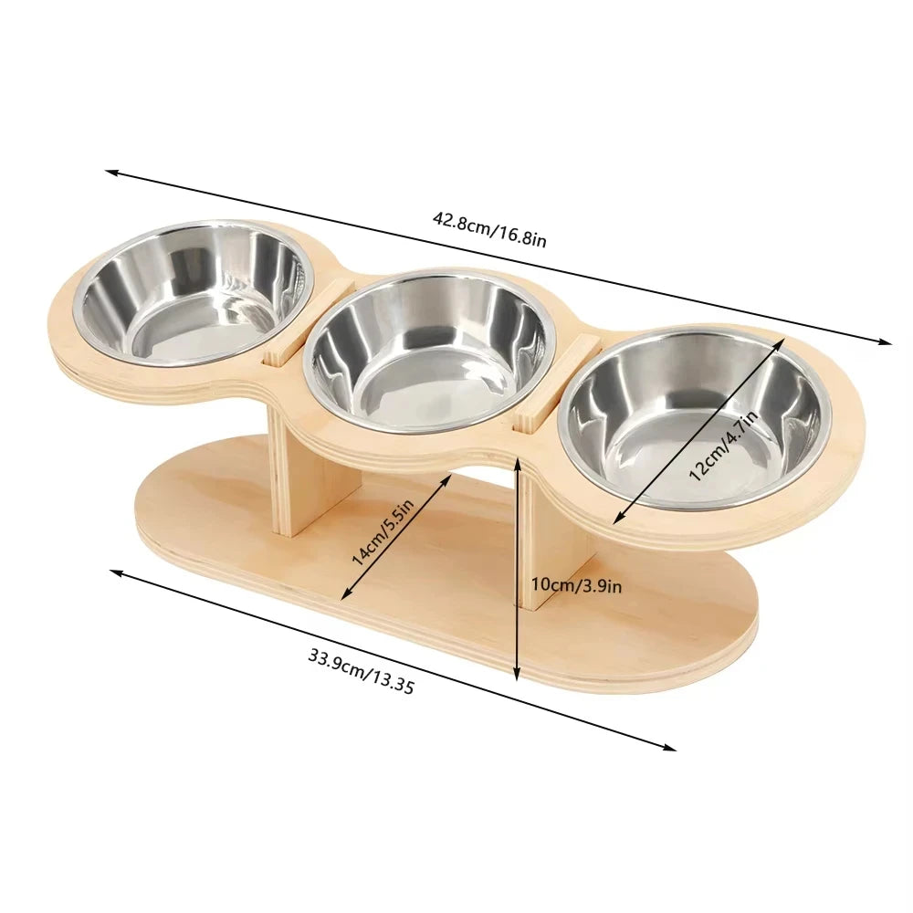 Cat 3 Bowls in 1 Raised Feeder with Silicone Food Mat 15-Degree Tilt Elevated Wood Stand 3 Stainless Steel Bowls Puppy Cat Feeding Watering Supplies