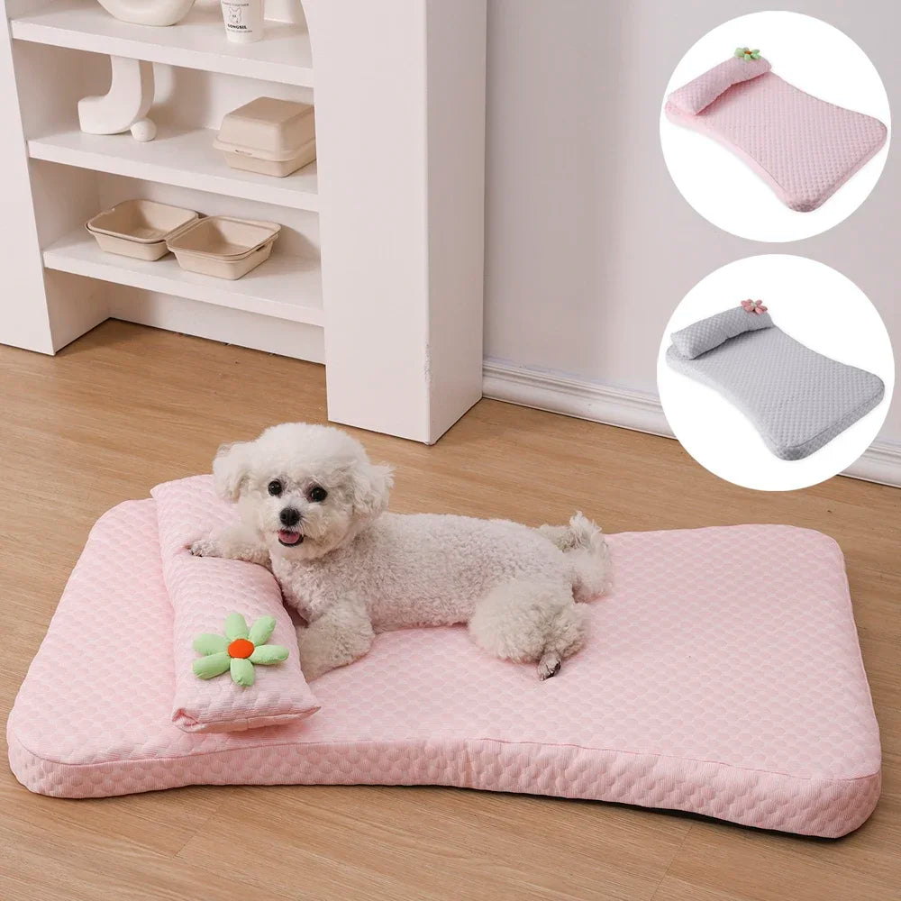 Ice Silk Pet Sofa Thickened Dog Bed Cooling Mat Detachable Pet Cushion Elastic Sponge Design for Medium Dogs with Pillow