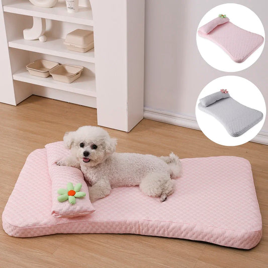 Ice Silk Pet Sofa Thickened Dog Bed Cooling Mat Detachable Pet Cushion Elastic Sponge Design for Medium Dogs with Pillow