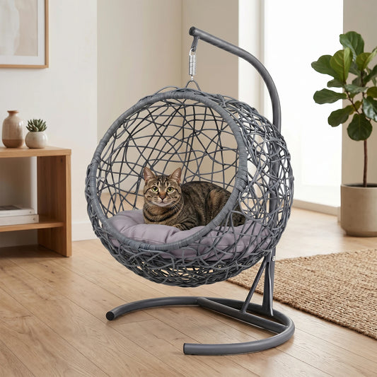 Cat Swing Bed with Stand, Rattan Wicker Egg Chair with Cushion, Indoor Hanging Pet Bed for Cats & Small Dogs, Gray