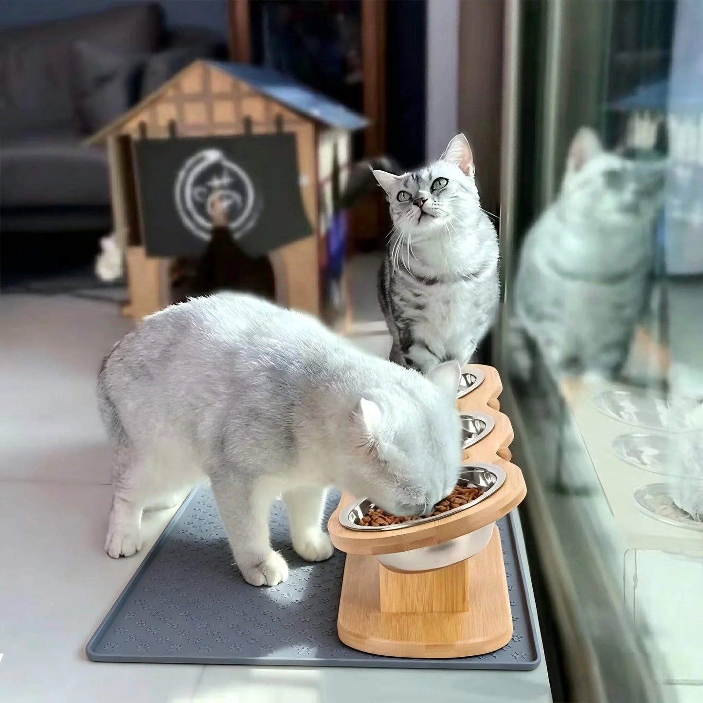 Cat 3 Bowls in 1 Raised Feeder with Silicone Food Mat 15-Degree Tilt Elevated Wood Stand 3 Stainless Steel Bowls Puppy Cat Feeding Watering Supplies