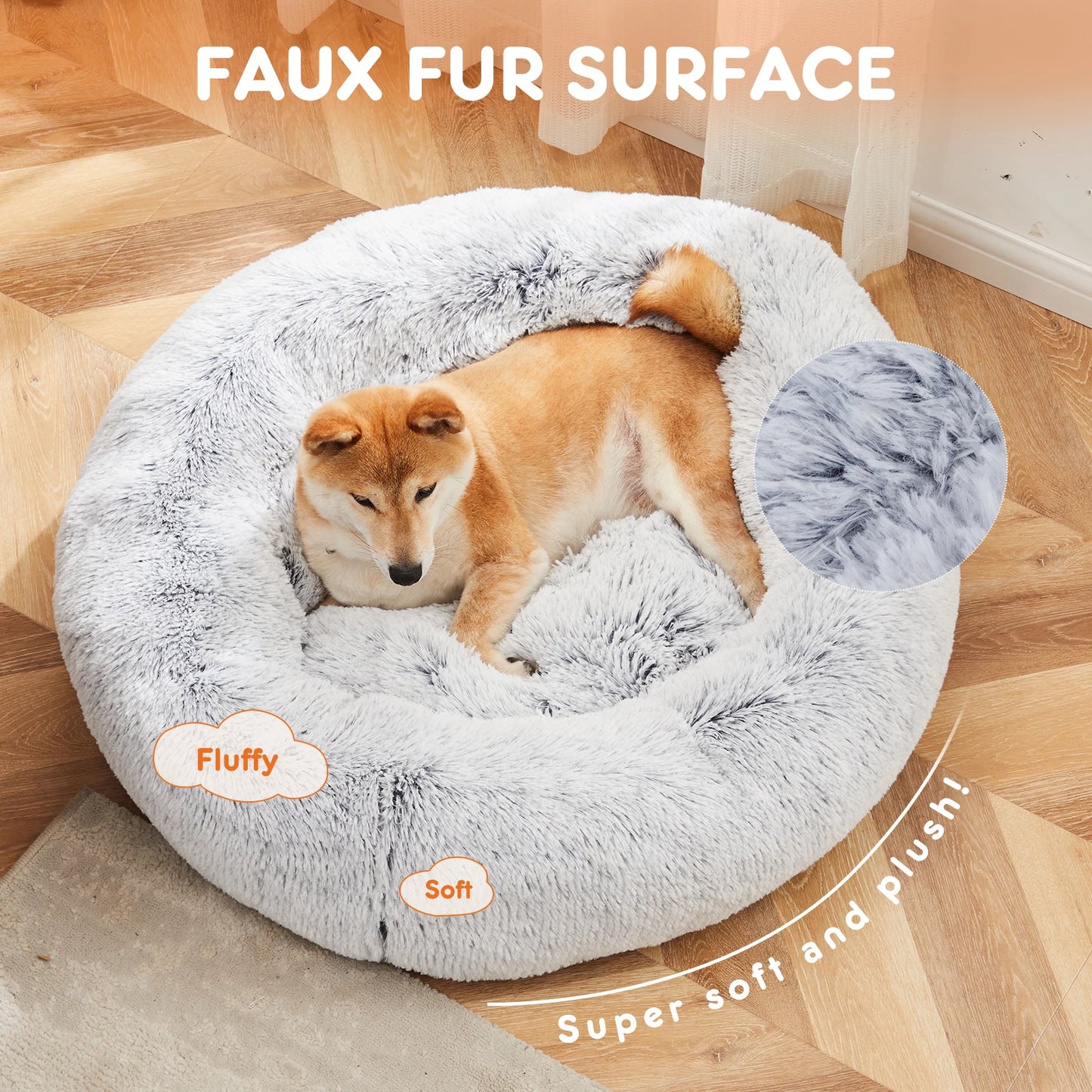 JHK Round Plush Faux Fur Calming Dog Bed for Medium to Large Dogs Washable Large Pet Bed Anti-Slip Fluffy Dog Bed For Home