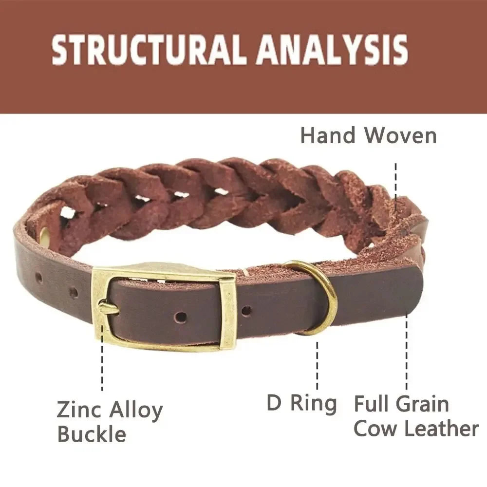 Woven Real Leather Dog Collars Adjustable Puppy Collar Dog Walking Collar Neck Strap with Retro Exquisite Snap Pet Accessories