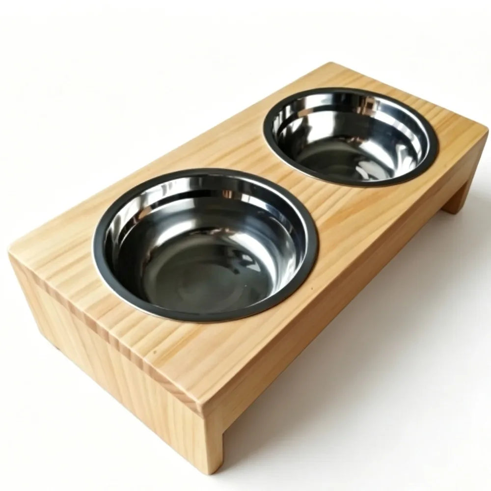 Wooden Elevated Dog Bowls, Raised Pet Feeder with Stainless Steel Double Bowls, Non-Slip Dog Food Water Stand for Medium Large Dogs
