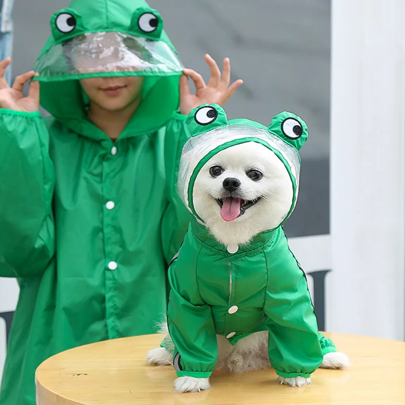 Fun Cartoon Puppy Four-Legged Raincoat Waterproof High Visibility Reflective Hooded Rain Jacket Ventilated Lined Outdoor Rain Suit for Dogs Cats