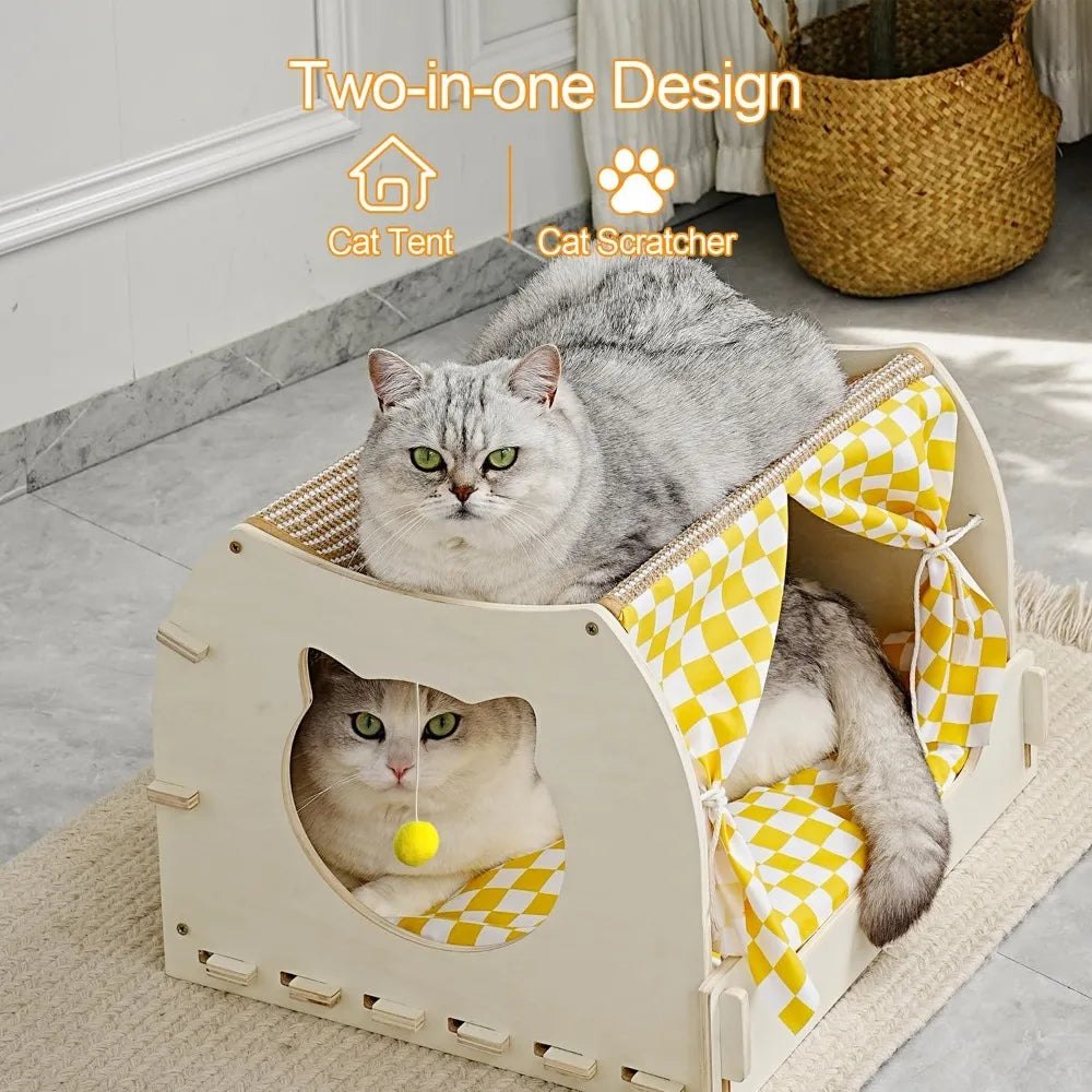 Indoor Cat House with Scratch Pad, Fluffy Ball, Wooden Frame, Cushion and Curtains (M, Double-Layer)