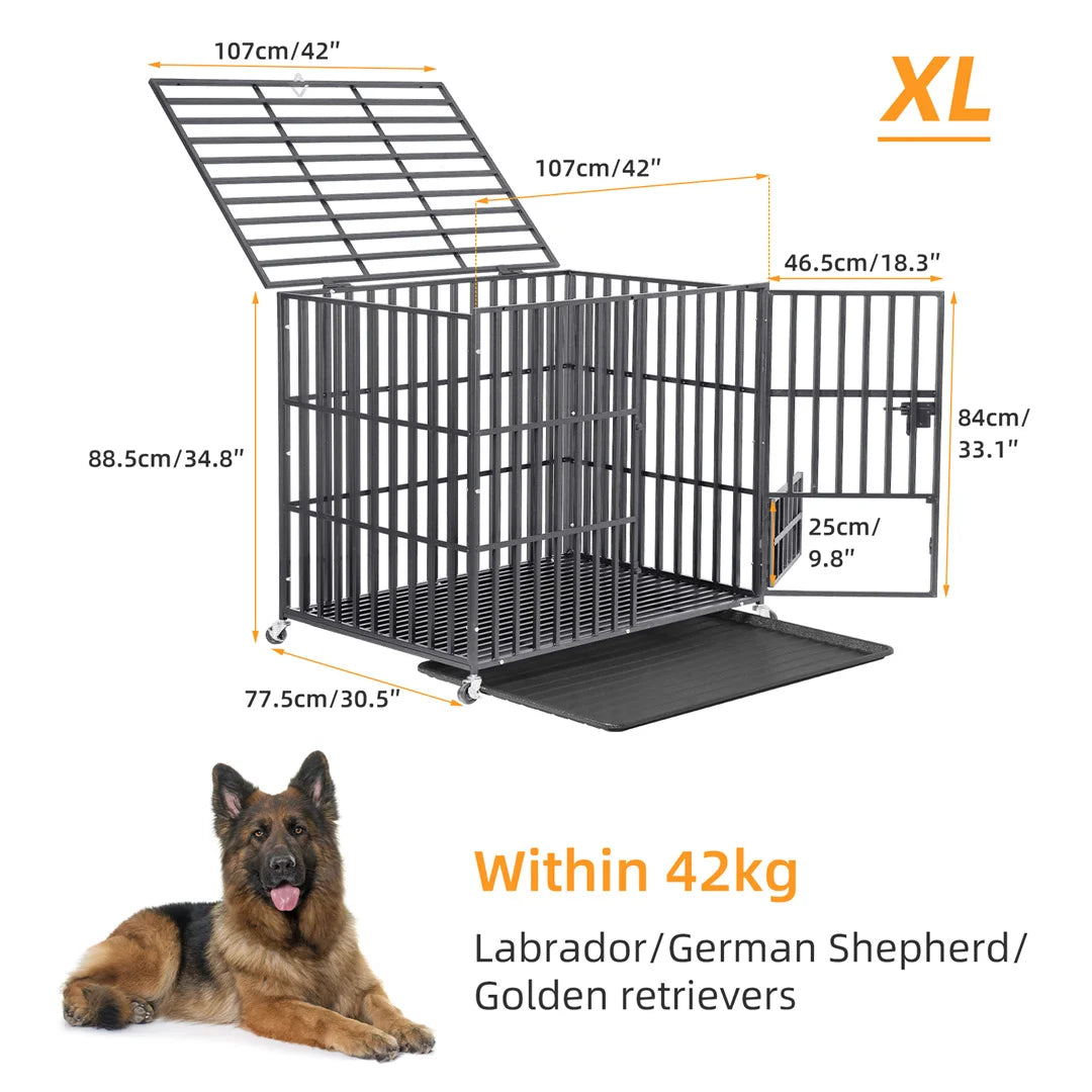 Heavy Duty Dog Cage 34 Inch Metal Pet Dog Crate with 3 Doors Lockable Wheels Playpen Kennel Removable Tray for Dogs