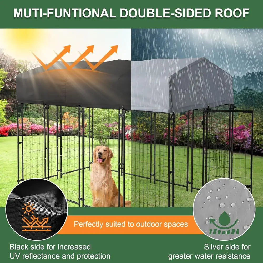 8x4x6 T Outdoor Dog Kennels or Large Dogs, Heavy Duty Welded Wire Steel Outside Dog Kennel with Roo, Dog Pens with 2 Rotating Do