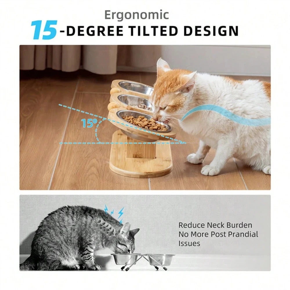 Cat 3 Bowls in 1 Raised Feeder with Silicone Food Mat 15-Degree Tilt Elevated Wood Stand 3 Stainless Steel Bowls Puppy Cat Feeding Watering Supplies