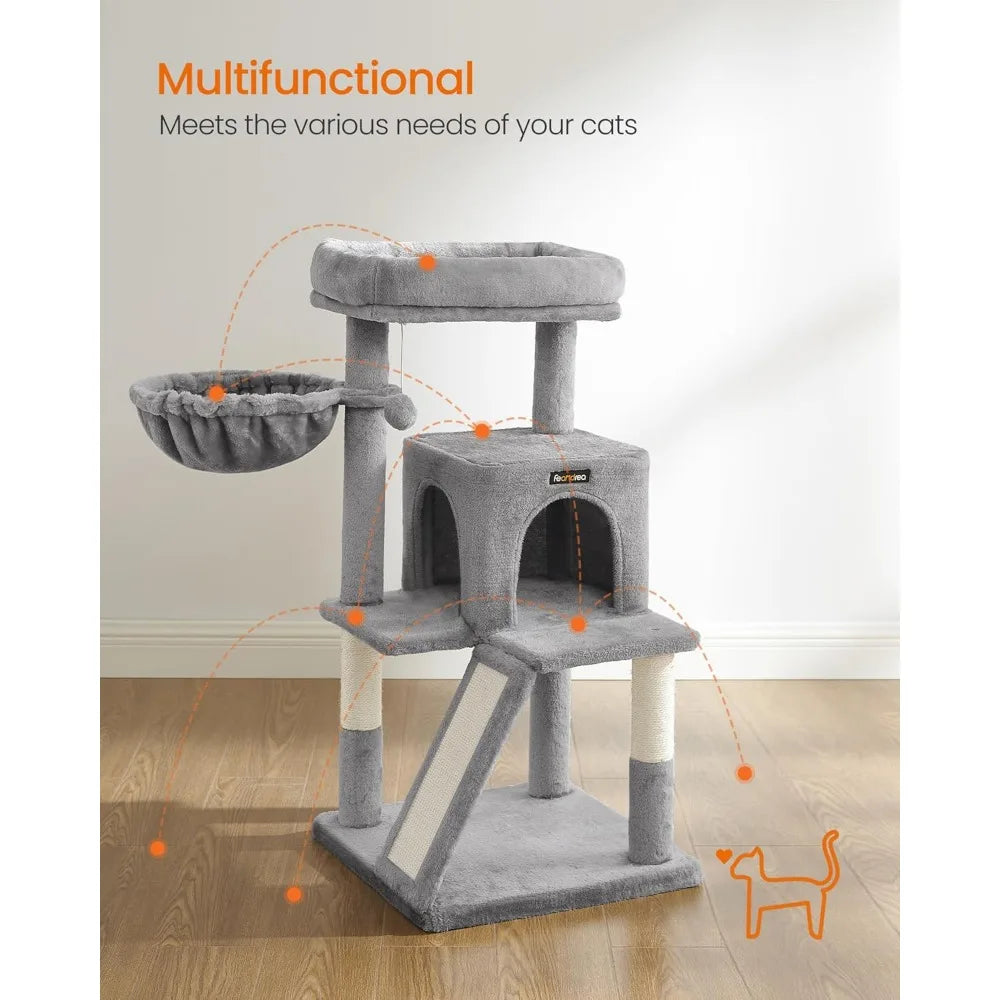 Multi Level Cat Tree Tower with Widened Perch Scratching Posts Ramp Cave Hammock