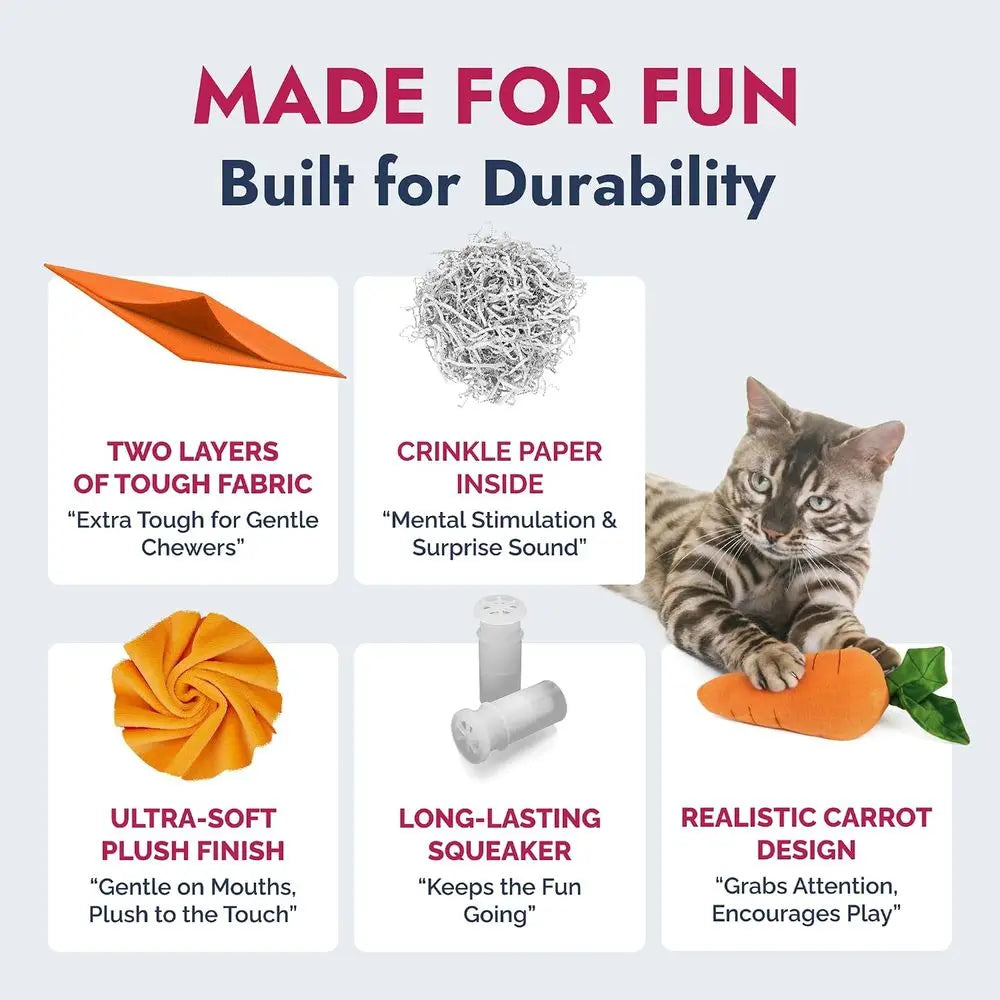 Durable Plush Dog and Cat Toys with Multi-Squeaks and Crinkle Paper. Orange, 8-Inch Carrot