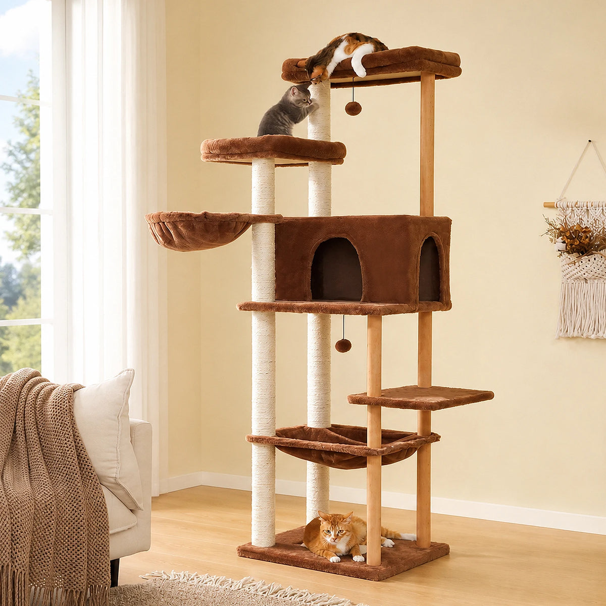 Multi-Level Cat Tree for Indoor Cats Tall Wooden Cat Tower with Sisal Scratching Post Spacious Hammocks Large Cat Condo Cat Toys
