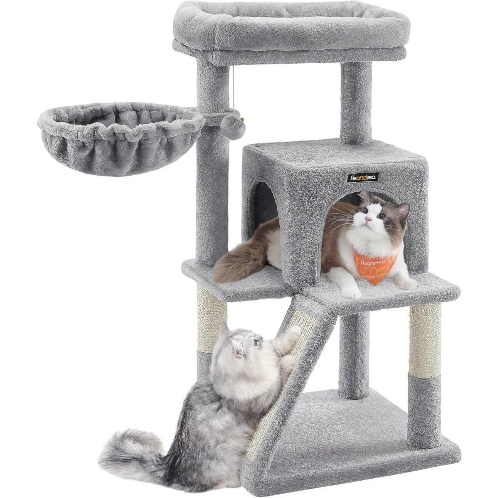 Multi Level Cat Tree Tower with Widened Perch Scratching Posts Ramp Cave Hammock