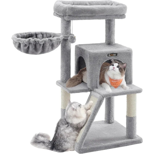 Multi Level Cat Tree Tower with Widened Perch Scratching Posts Ramp Cave Hammock