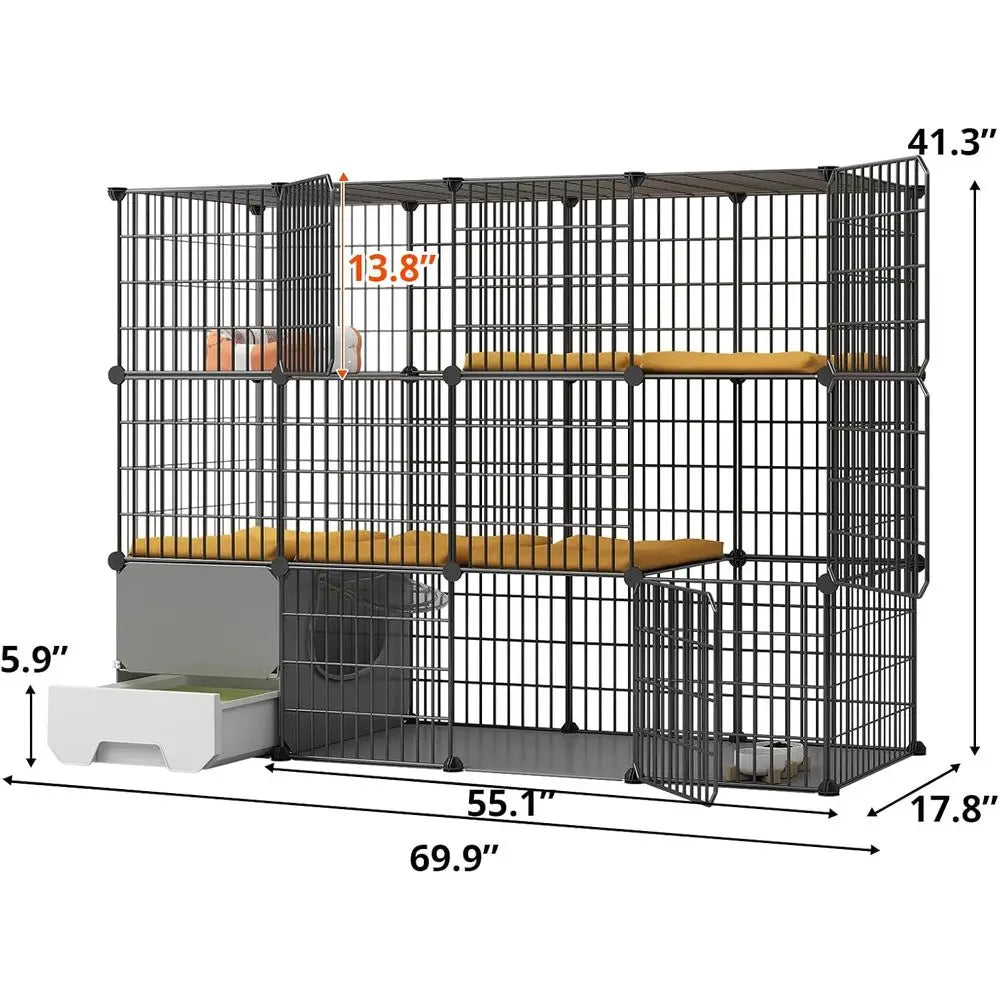 Cat Cage Indoor with Litter Box 2-Tier DIY Cat Playpen Detachable Metal Wire Kennel Crate Large Exercise Place Ideal or 1-2 Kitt