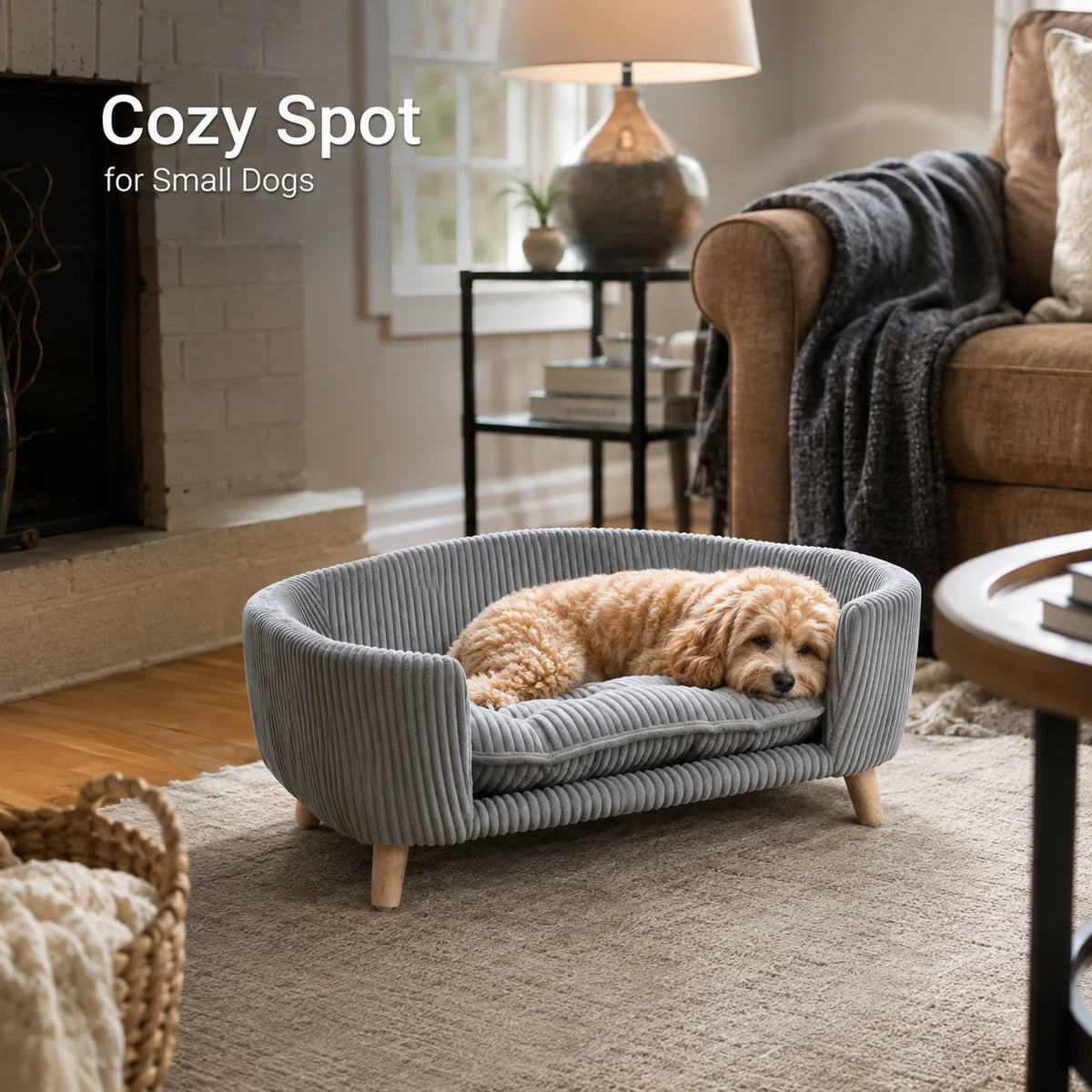 Small Dog Bed Elevated Pet Sofa Corduroy Dog Couch with Cushion Rubber Wood Legs Indoor Bed for Small Dogs Modern Pet Furniture