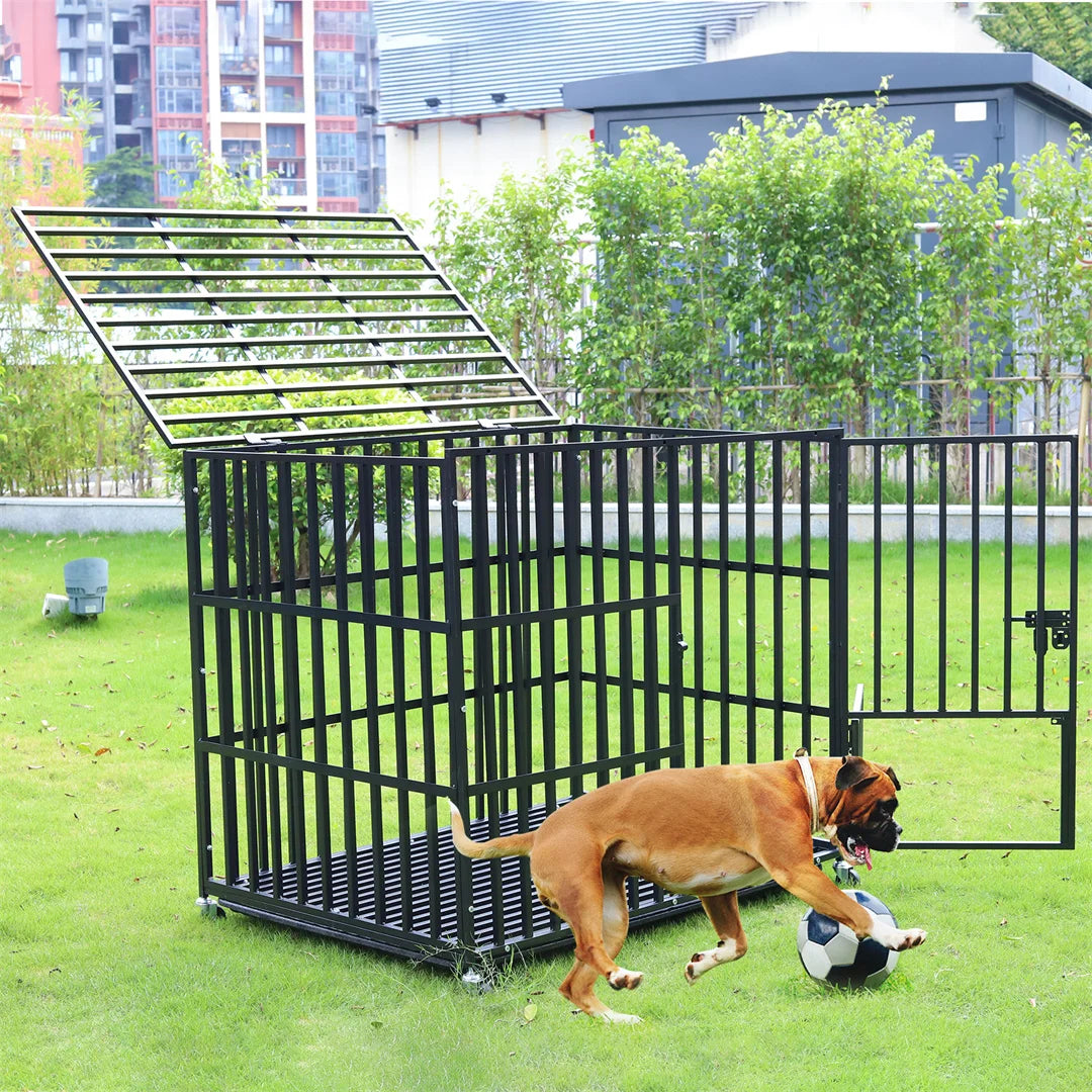 Heavy Duty Dog Cage 34 Inch Metal Pet Dog Crate with 3 Doors Lockable Wheels Playpen Kennel Removable Tray for Dogs