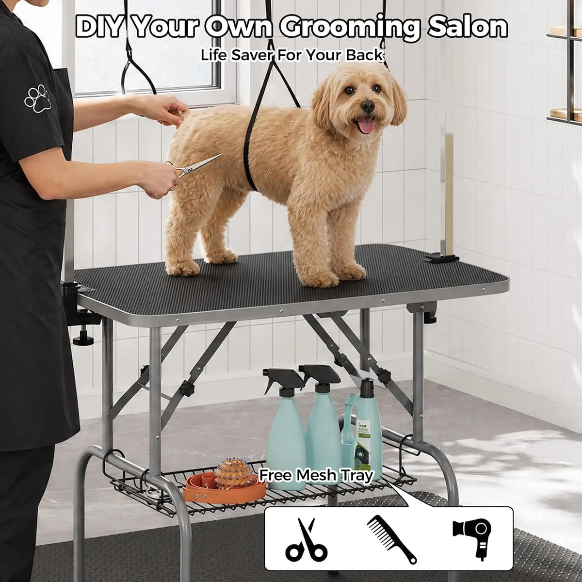 Garvee 36'' Foldable Dog Grooming Table Portable Bathing and Haircut Station for Dogs/Cats Anti-Slip Surface Lightweight for Home Salon Use Adjustable H Arm, Mesh Storage Basket, Waterproof Anti-Slip Top