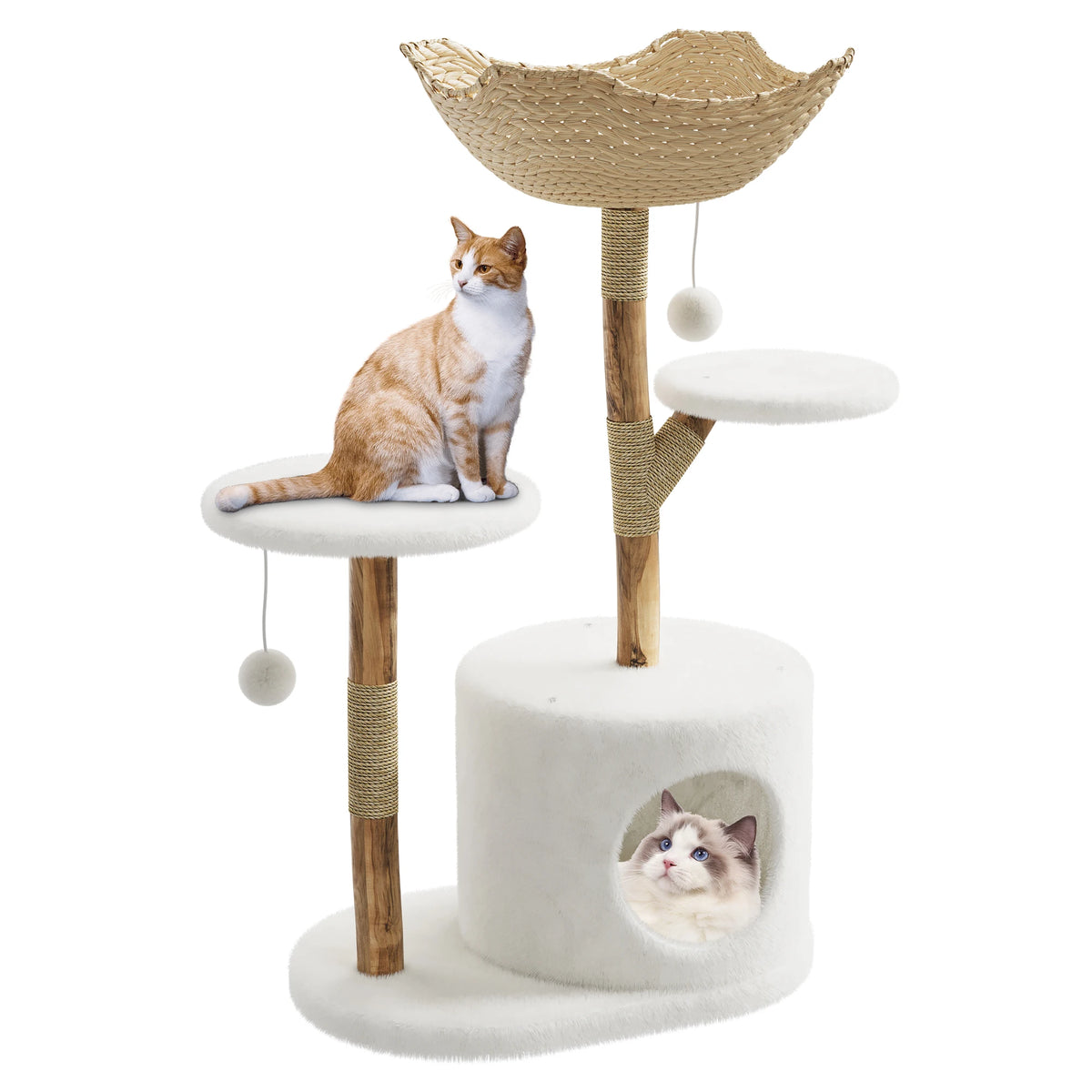 Modern Cat Tree, Multi-Level Cat Tower with Hand-Woven Basket, Plush Cat Condo, Sisal Scratching Posts, Dangling Balls for Indoor Cats