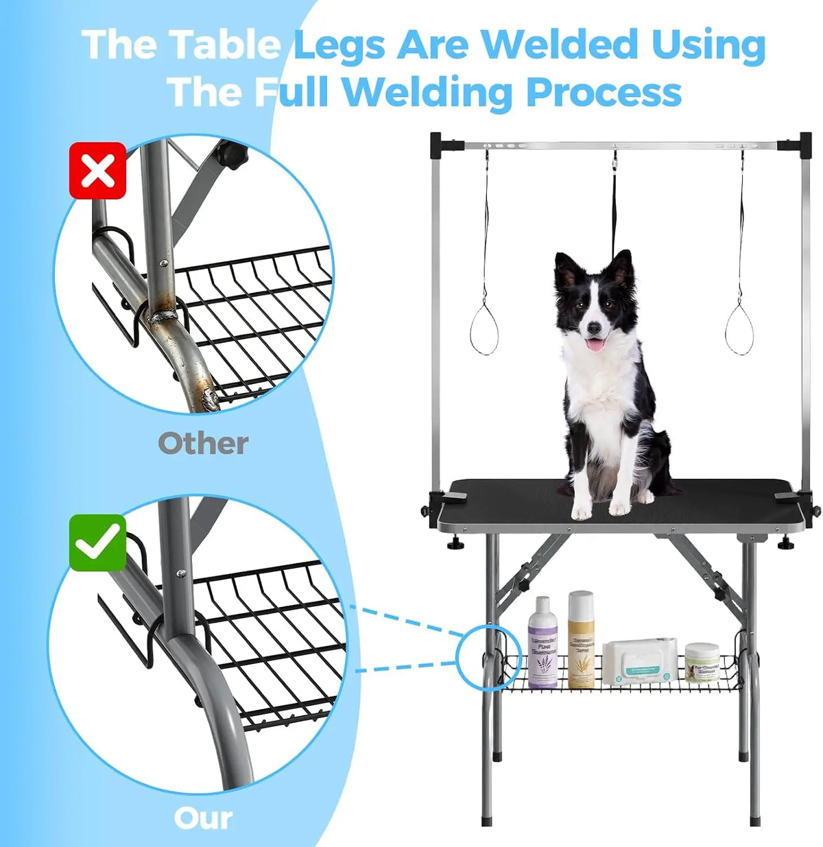 Garvee 36'' Foldable Dog Grooming Table Portable Bathing and Haircut Station for Dogs/Cats Anti-Slip Surface Lightweight for Home Salon Use Adjustable H Arm, Mesh Storage Basket, Waterproof Anti-Slip Top