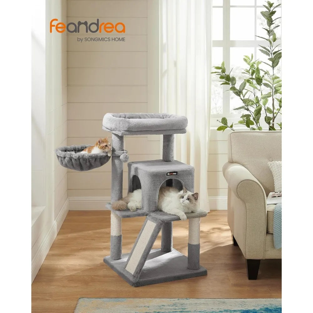 Multi Level Cat Tree Tower with Widened Perch Scratching Posts Ramp Cave Hammock