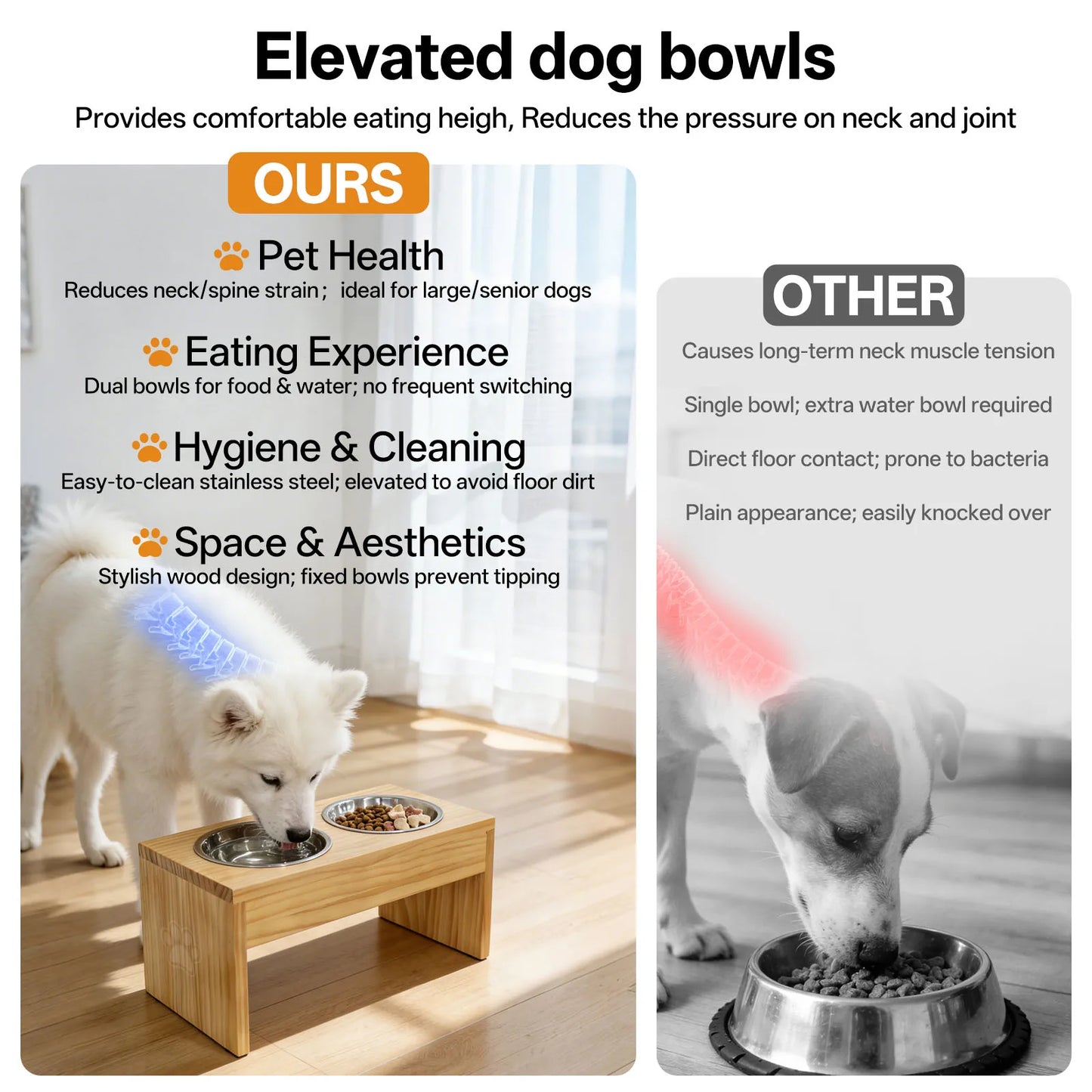 Wooden Elevated Dog Bowls, Raised Pet Feeder with Stainless Steel Double Bowls, Non-Slip Dog Food Water Stand for Medium Large Dogs