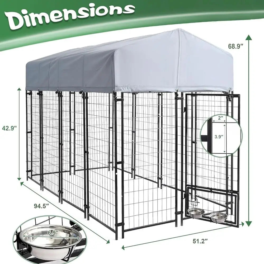 8x4x6 T Outdoor Dog Kennels or Large Dogs, Heavy Duty Welded Wire Steel Outside Dog Kennel with Roo, Dog Pens with 2 Rotating Do