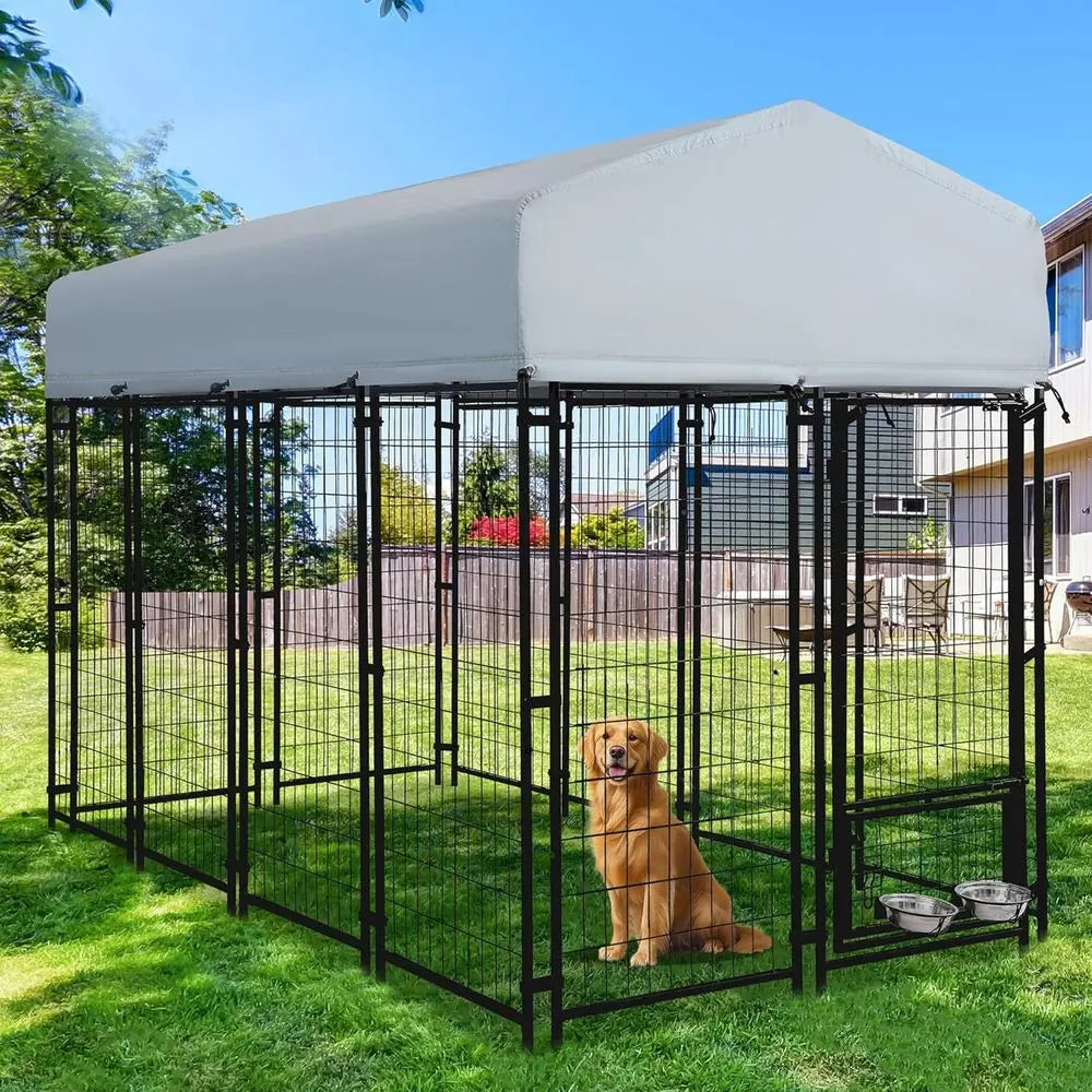 8x4x6 T Outdoor Dog Kennels or Large Dogs, Heavy Duty Welded Wire Steel Outside Dog Kennel with Roo, Dog Pens with 2 Rotating Do