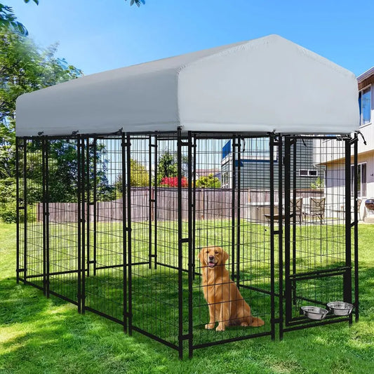 8x4x6 T Outdoor Dog Kennels or Large Dogs, Heavy Duty Welded Wire Steel Outside Dog Kennel with Roo, Dog Pens with 2 Rotating Do