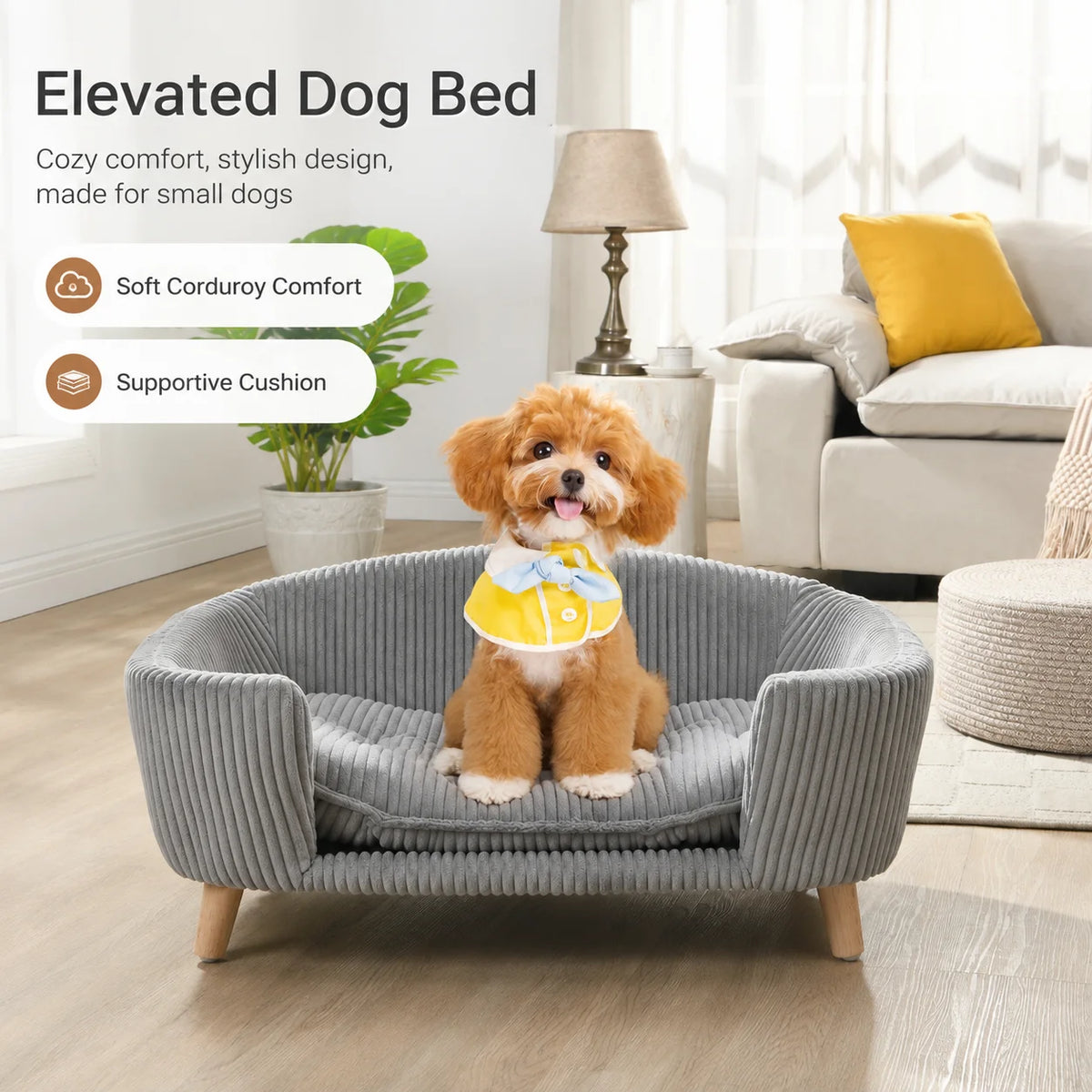 Small Dog Bed Elevated Pet Sofa Corduroy Dog Couch with Cushion Rubber Wood Legs Indoor Bed for Small Dogs Modern Pet Furniture