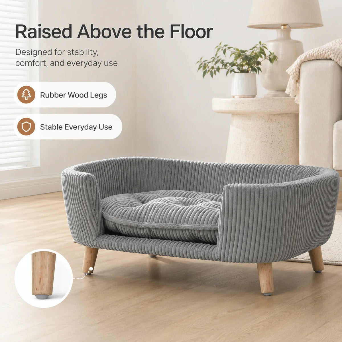 Small Dog Bed Elevated Pet Sofa Corduroy Dog Couch with Cushion Rubber Wood Legs Indoor Bed for Small Dogs Modern Pet Furniture