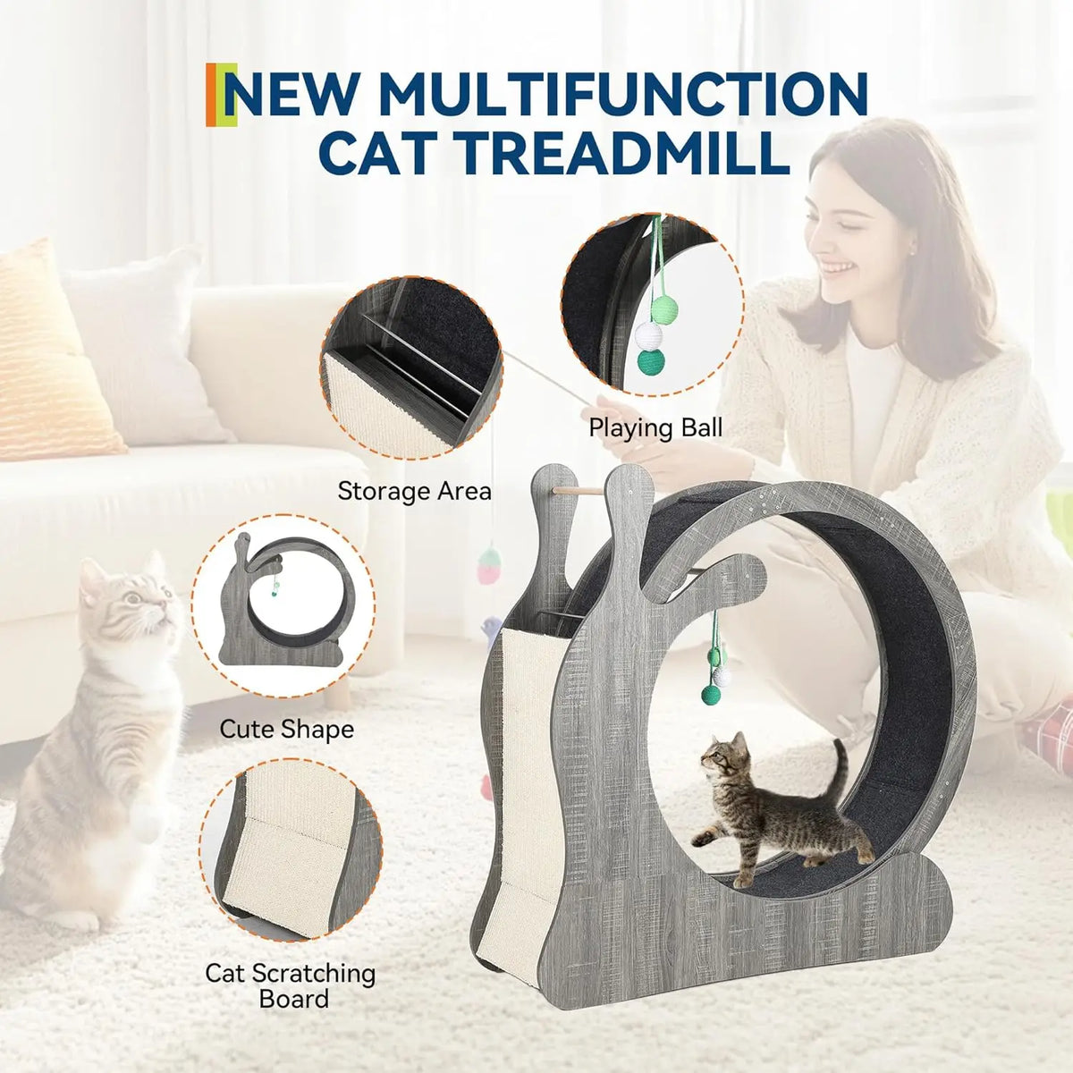 Large Wooden Cat Exercise Wheel for Indoor Cats – Quiet Treadmill, Sisal Scratching Board, Play Balls, Safe Narrow Gap, Anti-Slip, Furniture-Style Fitness