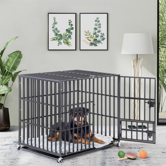 Heavy Duty Dog Cage 34 Inch Metal Pet Dog Crate with 3 Doors Lockable Wheels Playpen Kennel Removable Tray for Dogs