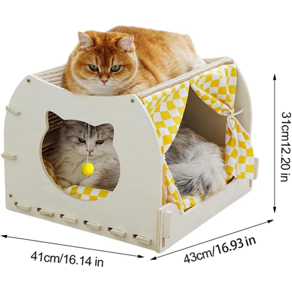 Indoor Cat House with Scratch Pad, Fluffy Ball, Wooden Frame, Cushion and Curtains (M, Double-Layer)