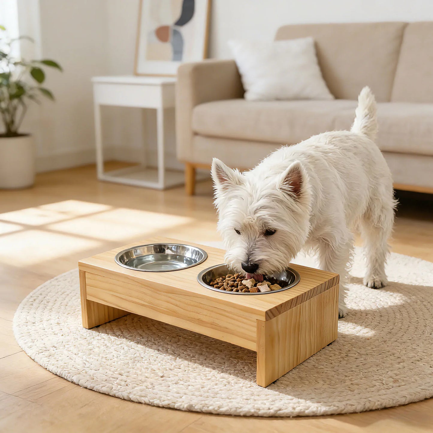 Wooden Elevated Dog Bowls, Raised Pet Feeder with Stainless Steel Double Bowls, Non-Slip Dog Food Water Stand for Medium Large Dogs